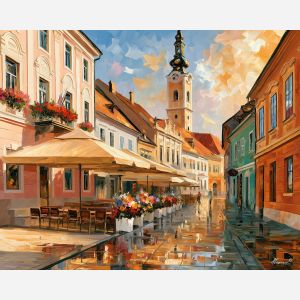 Varazdin painting, Croatia baroque art, old town decor, Afremov style oil painting, palette knife architecture, pastel street artwork, Croatian cityscape painting, elegant wall art, café street scene, travel decor
