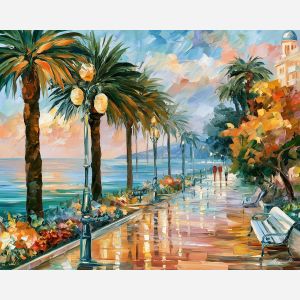 Opatija painting, Croatia seaside art, promenade wall decor, Afremov style oil painting, palette knife coastal landscape, elegant waterfront artwork, palm promenade painting, travel wall art, Croatian Riviera decor, garden sea view