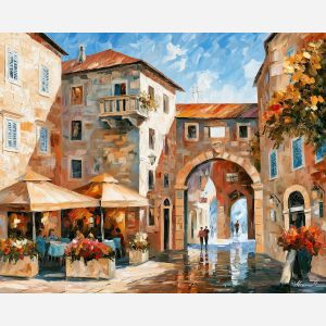 Trogir painting, Croatia square art, historic town decor, Afremov style oil painting, palette knife cityscape, Dalmatian architecture artwork, sunny square painting, travel wall art, café terrace decor, old town wall art