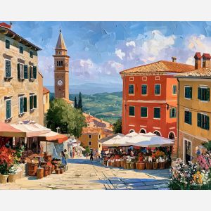 Motovun painting, Croatia hill town art, Istria market decor, Afremov style oil painting, palette knife village scene, Croatian countryside artwork, rustic market painting, travel wall art, hilltop town decor, colorful market square