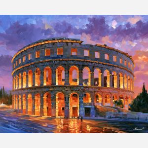 Pula painting, Croatia amphitheater art, Roman architecture decor, Afremov style oil painting, palette knife historic landmark, twilight wall art, Croatian heritage painting, ancient stone artwork, travel decor, dramatic architecture