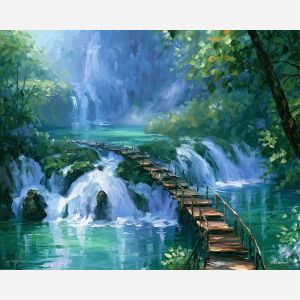 Plitvice painting, Croatia waterfall art, national park decor, Afremov style oil painting, palette knife landscape, emerald lake painting, forest waterfall artwork, Croatian nature art, travel wall decor, scenic waterfall painting