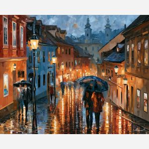Zagreb painting, Croatia city rain art, old town decor, Afremov style oil painting, palette knife cityscape, wet street reflections, Croatian capital artwork, urban wall art, rainy cobblestone painting, travel decor