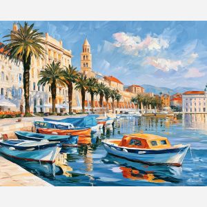 Split painting, Croatia harbor art, Adriatic waterfront decor, Afremov style oil painting, palette knife seascape, coastal city painting, Croatian travel wall art, colorful harbor artwork, palm tree waterfront, Mediterranean wall decor