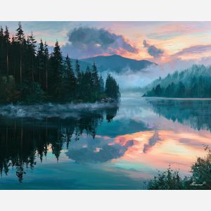 Smolyan lake painting, Bulgaria mountain water art, reflective landscape decor, Afremov style oil painting, palette knife nature artwork, Bulgarian lake scene, misty dawn wall art, forest reflection painting, travel decor, peaceful lake art