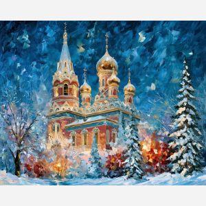 Shipka Church painting, Bulgaria winter art, snow church decor, Afremov style oil painting, palette knife architecture, golden dome artwork, Bulgarian landmark painting, winter wall art, colorful snowy scene, travel decor