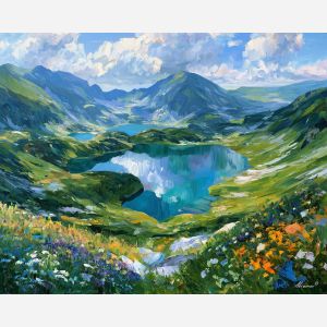 Seven Rila Lakes painting, Bulgaria mountain art, alpine lake decor, Afremov style oil painting, palette knife landscape, Bulgarian nature artwork, panoramic lake wall art, wildflower mountain painting, travel decor, summer landscape