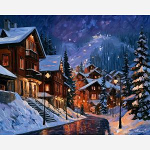 Bansko painting, Bulgaria winter village art, mountain chalet decor, Afremov style oil painting, palette knife night scene, snowy street artwork, cozy alpine town painting, winter travel decor, lantern wall art, ski village art