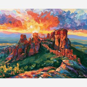 Belogradchik painting, Bulgaria rock art, fortress landscape decor, Afremov style oil painting, palette knife nature scene, dramatic cliff artwork, colorful sunrise painting, travel wall art, Bulgarian landmark art, rugged landscape