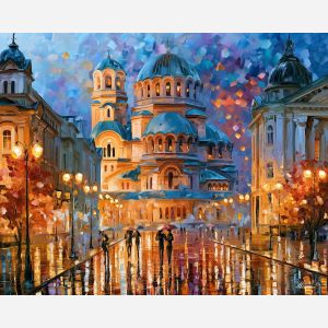 Sofia painting, Bulgaria city art, cathedral wall decor, Afremov style oil painting, palette knife cityscape, Bulgarian architecture artwork, rainy evening painting, colorful urban wall art, travel decor, cobblestone reflections