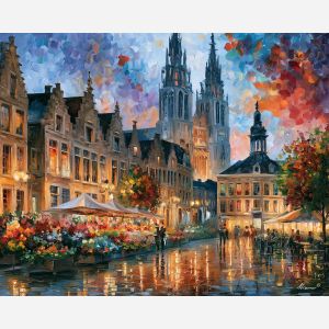 Tournai painting, Belgium square art, cathedral wall decor, Afremov style oil painting, palette knife cityscape, Belgian heritage artwork, historic square painting, flower stall art, travel decor, architecture wall art