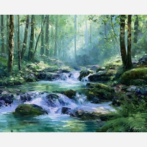Spa Belgium painting, woodland spring art, forest water decor, Afremov style oil painting, palette knife landscape, Belgian nature artwork, peaceful stream painting, mossy forest wall art, travel decor, serene nature art