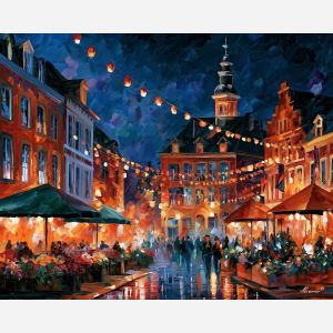 Mons painting, Belgium festival art, lantern square decor, Afremov style oil painting, palette knife night scene, Belgian town artwork, colorful evening festival, old town wall art, celebration decor, travel wall art