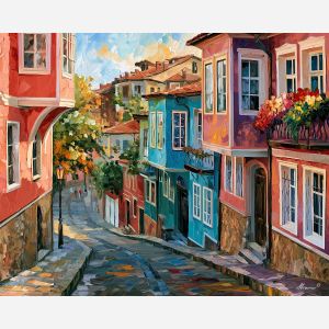 Plovdiv painting, Bulgaria old town art, revival house decor, Afremov style oil painting, palette knife street scene, Bulgarian architecture painting, cobblestone wall art, colorful Europe decor, historic town artwork, travel wall art