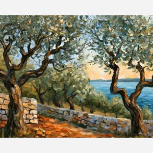 Cres painting, Croatia olive grove art, island landscape decor, Afremov style oil painting, palette knife countryside, Mediterranean tree painting, Croatian rural artwork, stone wall landscape, sea horizon wall art, rustic decor