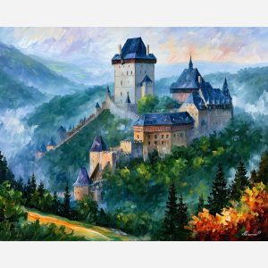 Karlstejn painting, Czech castle art, Czechia wall decor, Afremov style oil painting, palette knife landscape, castle forest artwork, historic Czech landmark, misty morning painting, travel decor, heritage wall art