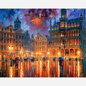 Brussels painting, Grand Place art, Belgium wall decor, Afremov style oil painting, palette knife cityscape, rainy Brussels artwork, colorful square painting, Belgian architecture art, travel wall art, cobblestone reflections