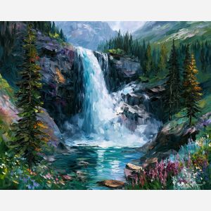 Hohe Tauern painting, Austrian waterfall art, alpine nature decor, Afremov style oil painting, palette knife landscape, mountain waterfall artwork, colorful Austria scenery, forest water wall art, travel painting, dramatic nature art