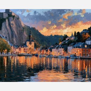 Dinant painting, Belgium river art, cliffside town decor, Afremov style oil painting, palette knife landscape, Belgian riverside artwork, colorful town painting, travel wall art, Meuse River scene, European cityscape