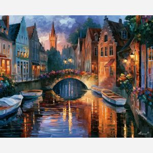 Bruges painting, Belgium canal art, Afremov style oil painting, palette knife cityscape, Belgian canal house artwork, colorful Bruges decor, evening reflection painting, travel wall art, medieval town painting, romantic canal art