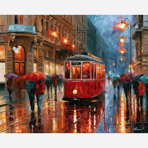 Vienna tram painting, Austria city rain art, Afremov style oil painting, palette knife cityscape, rainy street decor, colorful urban transport art, Austrian capital painting, wet pavement reflections, Europe travel art, tram wall art