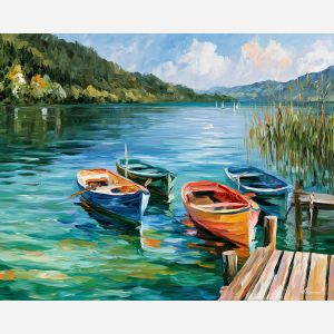 Carinthian lake painting, Austria boat art, summer lakeside decor, Afremov style oil painting, palette knife seascape, alpine lake artwork, colorful boat painting, travel wall art, clear water landscape, Austrian summer scene