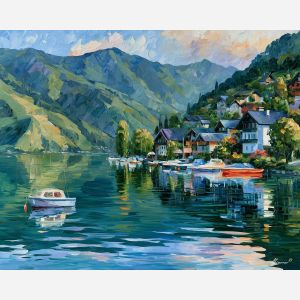 Zell am See painting, Austria lake art, alpine reflection decor, Afremov style oil painting, palette knife landscape, Austrian waterfront artwork, mountain lake painting, colorful travel decor, boat reflection wall art, lake village art