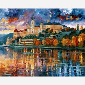 Melk Abbey painting, Austria river art, Danube wall decor, Afremov style oil painting, palette knife architecture, Austrian heritage artwork, baroque abbey painting, colorful river landscape, travel wall art, historic Austria decor