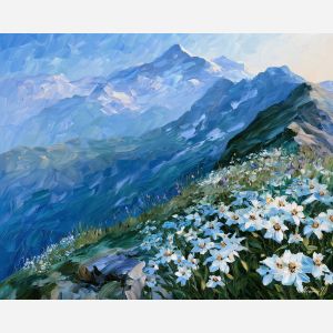 edelweiss painting, Austrian alpine flower art, mountain ridge decor, Afremov style oil painting, palette knife landscape, Austria nature artwork, alpine bloom wall art, snowy peak painting, botanical mountain art, travel decor