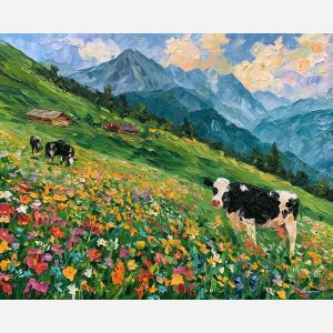 Tyrol meadow painting, Austria alpine art, wildflower landscape decor, Afremov style oil painting, palette knife countryside, Austrian mountain painting, colorful meadow artwork, cow pasture wall art, summer alpine decor, Austria travel art