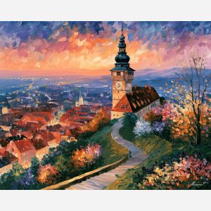 Graz painting, Austria city view art, clocktower wall decor, Afremov style oil painting, palette knife cityscape, Austrian skyline artwork, colorful rooftop painting, hilltop landscape art, travel decor, historic city wall art