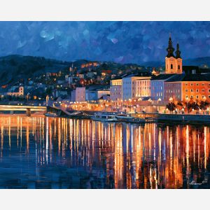 Linz painting, Austria riverside art, Danube city decor, Afremov style oil painting, palette knife cityscape, Austrian urban artwork, twilight river painting, travel wall decor, bridge reflection art, Europe city wall art