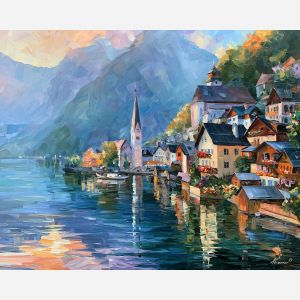 Hallstatt painting, Austria lake art, alpine village decor, Afremov style oil painting, palette knife landscape, colorful Austrian village, mountain lake artwork, travel wall art, European village painting, lakeside reflection art