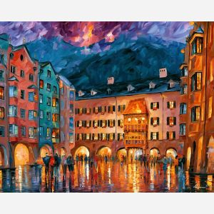 Innsbruck painting, Austria city art, alpine town decor, Afremov style oil painting, palette knife architecture, Austrian square artwork, colorful cityscape painting, evening town art, Tyrol wall decor, travel wall art