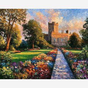 Kilkenny Castle painting, Ireland castle art, Irish garden decor, Afremov style oil painting, palette knife architecture, colorful Ireland artwork, historic Irish castle, travel wall art, European garden painting, Ireland heritage decor