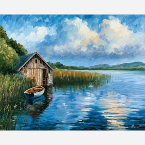 Lough Corrib painting, Ireland lake art, Irish boathouse decor, Afremov style oil painting, palette knife landscape, lake reflection artwork, colorful Ireland scenery, rowboat wall art, Irish countryside painting, water landscape