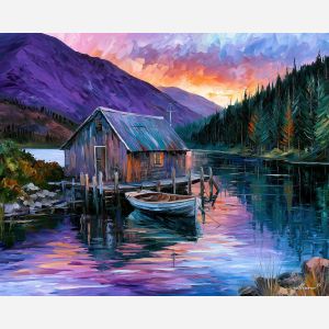 Scottish loch painting, Great Britain landscape art, boathouse wall decor, Afremov style oil painting, palette knife lake artwork, Scotland nature painting, colorful water reflections, British countryside decor, UK travel art, mountain lake painting
