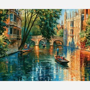 Cambridge painting, British punting art, Great Britain river decor, Afremov style oil painting, palette knife cityscape, university town artwork, colorful England painting, UK travel art, river reflection decor, Cambridge wall art