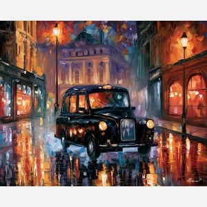 London taxi painting, black cab wall art, Great Britain city decor, Afremov style oil painting, palette knife cityscape, colorful London night art, British transport painting, rainy street decor, UK travel artwork, urban wall art