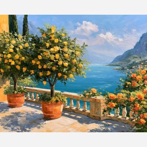 Lake Garda painting, Italy lemon art, Italian lake decor, Afremov style oil painting, palette knife landscape, lemon terrace artwork, colorful Italy wall art, Mediterranean decor, lake view painting, travel wall art