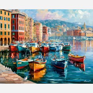 Genoa painting, Italy harbor art, fishing boat wall decor, Afremov style oil painting, palette knife seascape, Italian waterfront artwork, colorful marina painting, travel wall art, Mediterranean harbor decor, coastal city painting