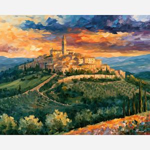 Umbria painting, Italian hill town art, Italy landscape decor, Afremov style oil painting, palette knife countryside, medieval village artwork, colorful Italian landscape, European travel art, stone town painting, Italy wall decor