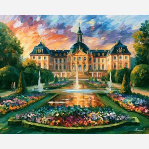 Wurzburg painting, Germany garden art, Baroque garden wall decor, Afremov style oil painting, palette knife architecture, formal garden artwork, colorful European painting, German palace decor, travel wall art, floral landscape painting