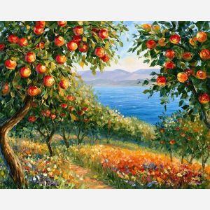 Lake Constance painting, Germany orchard art, apple tree wall decor, Afremov style oil painting, palette knife landscape, German countryside painting, colorful fruit orchard artwork, lake view decor, travel wall art, nature painting