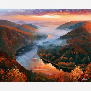 Saarland painting, Germany autumn landscape, river bend wall art, Afremov style oil painting, palette knife nature artwork, colorful forest painting, German travel decor, autumn wall art, panoramic landscape, European nature painting
