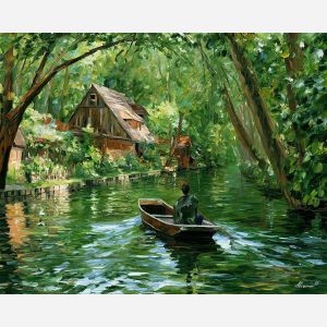 Spreewald painting, Germany canal art, punt boat wall decor, Afremov style oil painting, palette knife landscape, German countryside artwork, colorful river painting, forest canal art, travel wall decor, nature painting