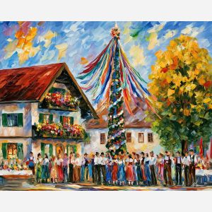 Bavarian festival painting, Germany culture art, maypole wall decor, Afremov style oil painting, palette knife festival artwork, German village painting, colorful Bavaria decor, traditional celebration art, European wall art, Germany travel painting