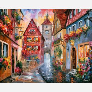 Rothenburg painting, Germany medieval town art, flower window decor, Afremov style oil painting, half timbered house artwork, palette knife street painting, colorful Germany wall art, European village decor, travel art, German architecture painting
