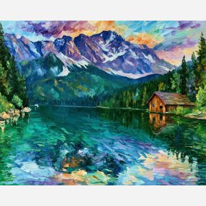 Berchtesgaden painting, Germany mountain art, alpine lake wall decor, Afremov style oil painting, palette knife landscape, Bavarian Alps artwork, colorful nature painting, German travel decor, lake reflection art, mountain wall art