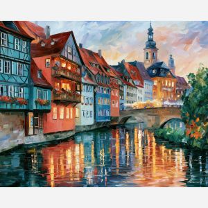 Bamberg painting, Germany wall art, German riverside art, Afremov style oil painting, palette knife cityscape, colorful German town artwork, historic houses painting, European travel decor, river reflection art, Germany culture painting